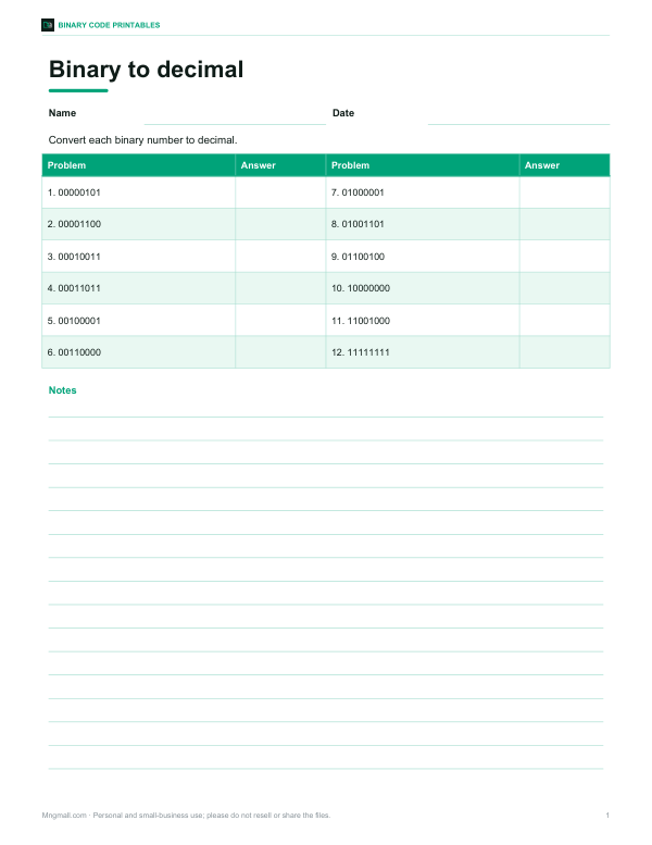 Preview of Printable Binary to Decimal Worksheet