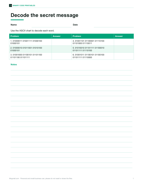Preview of Printable Binary Secret Message Worksheet